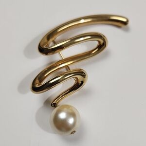 Vintage Gold Tone Squiggle Brooch with Faux Pearl Dangle